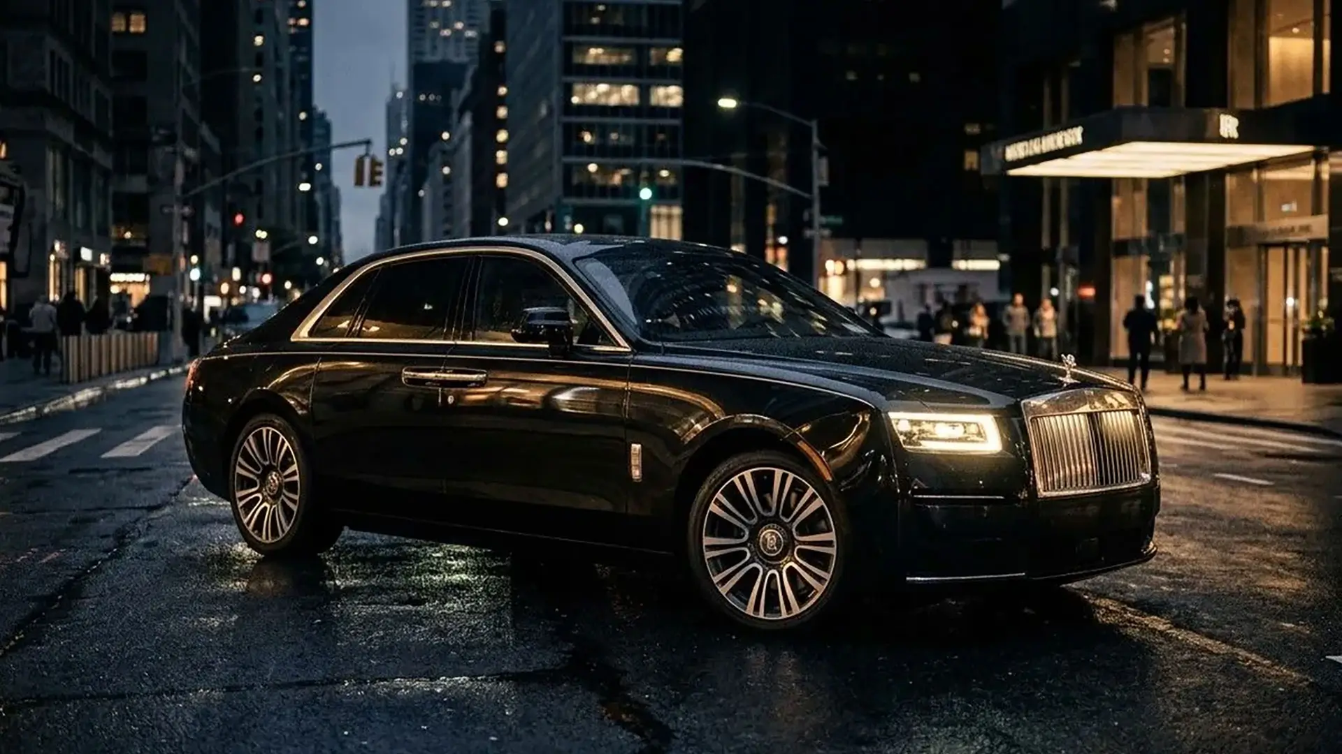 Flagship luxury black chauffeur executive sedan on a New York City avenue at night